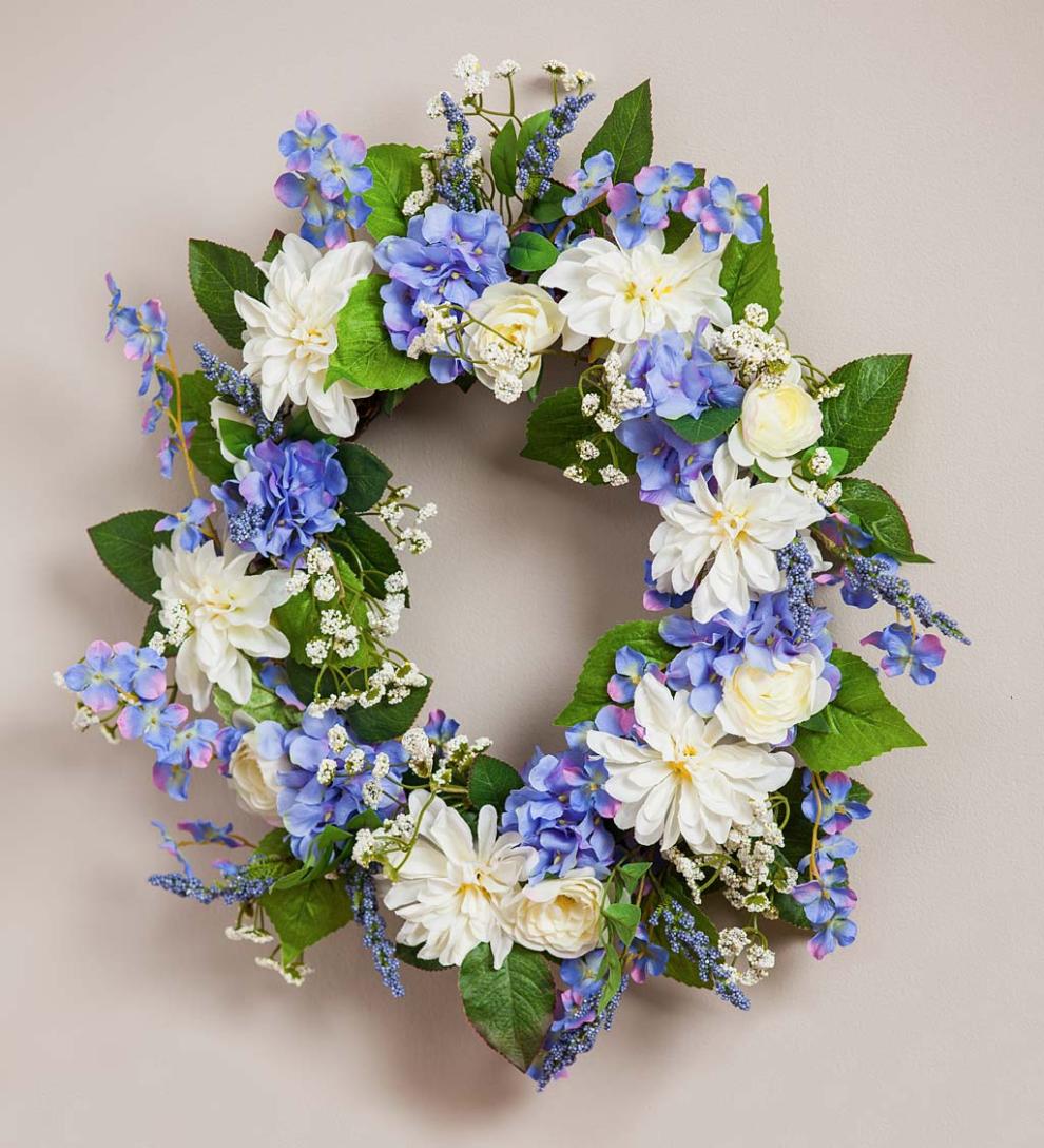 Plow & Hearth Garden Accents | Indoor Living Blue Hydrangea And White Roses Faux Floral Wreath