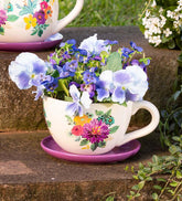 Plow & Hearth Garden Accents | Indoor Living Ceramic Floral Tea Cup Indoor/Outdoor Planter With Saucer - Purple