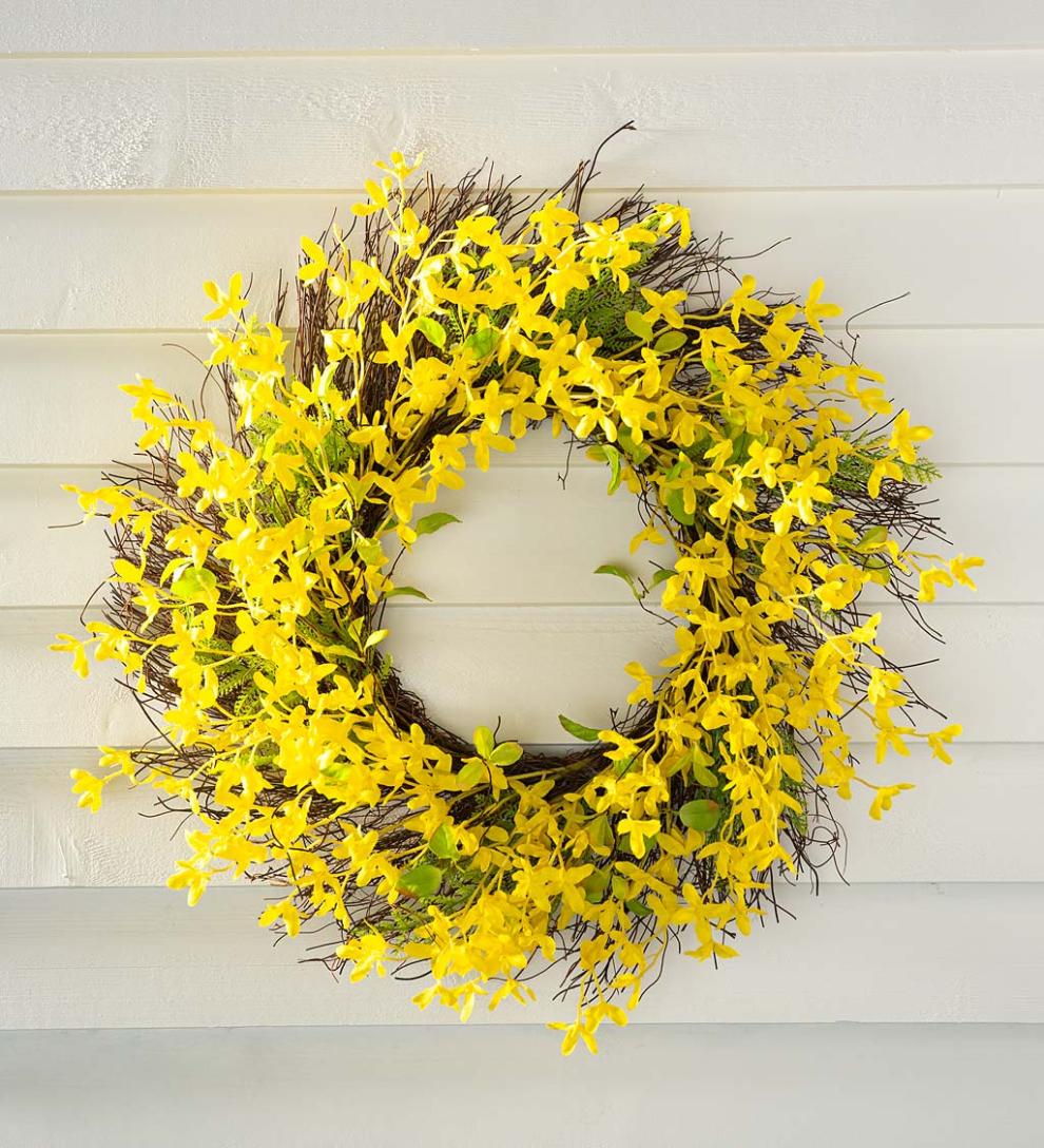 Plow & Hearth Garden Accents | Indoor Living Faux Forsythia Wreath On Rattan Base