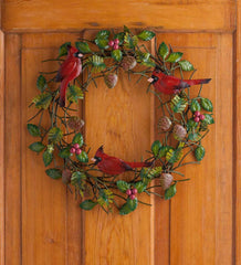Plow & Hearth Garden Accents | Indoor Living Handmade Metal Cardinal Evergreen Berry Wreath