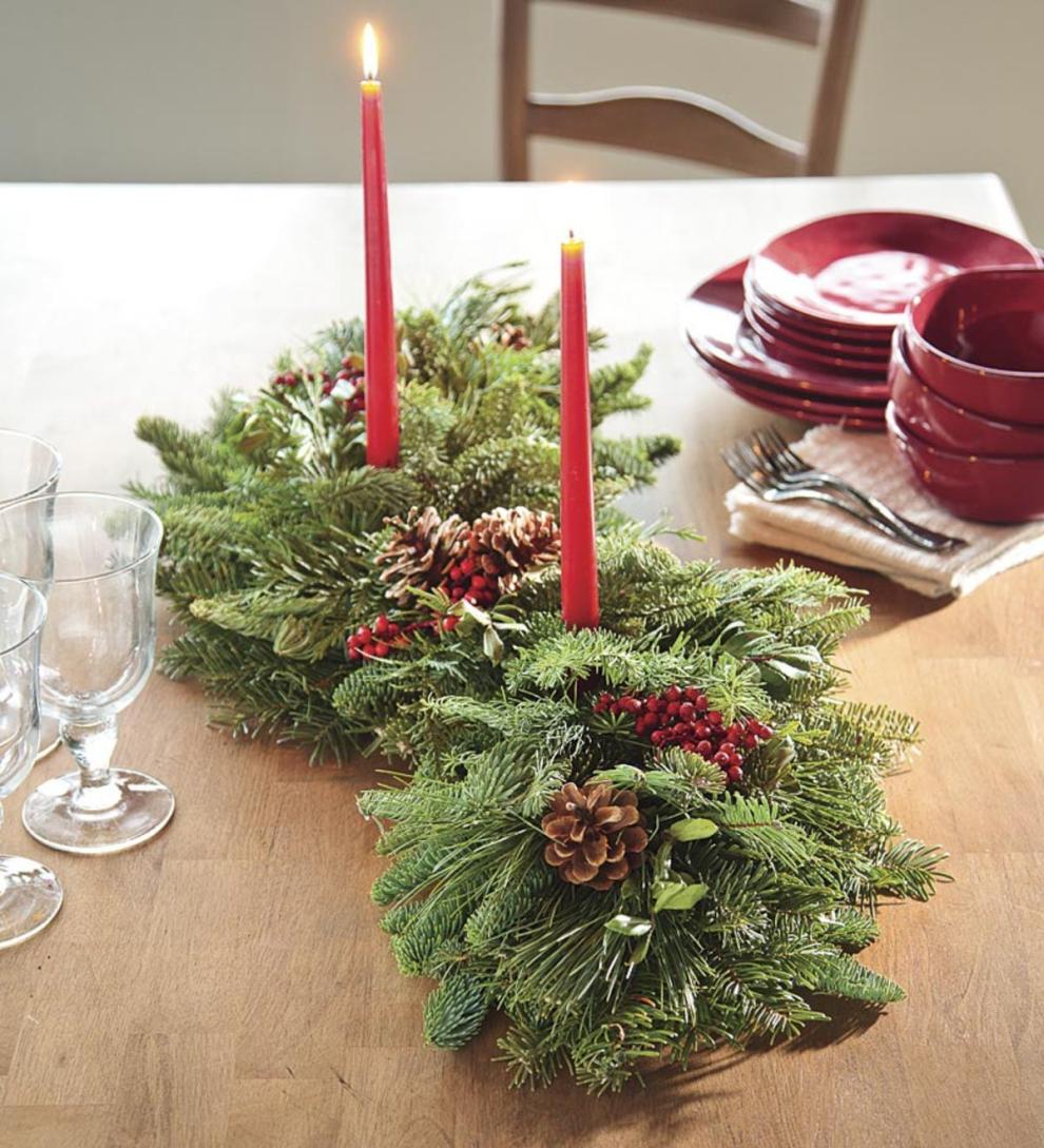 Plow & Hearth Garden Accents | Indoor Living Holiday Woodland Evergreens Centerpiece With Two Candles