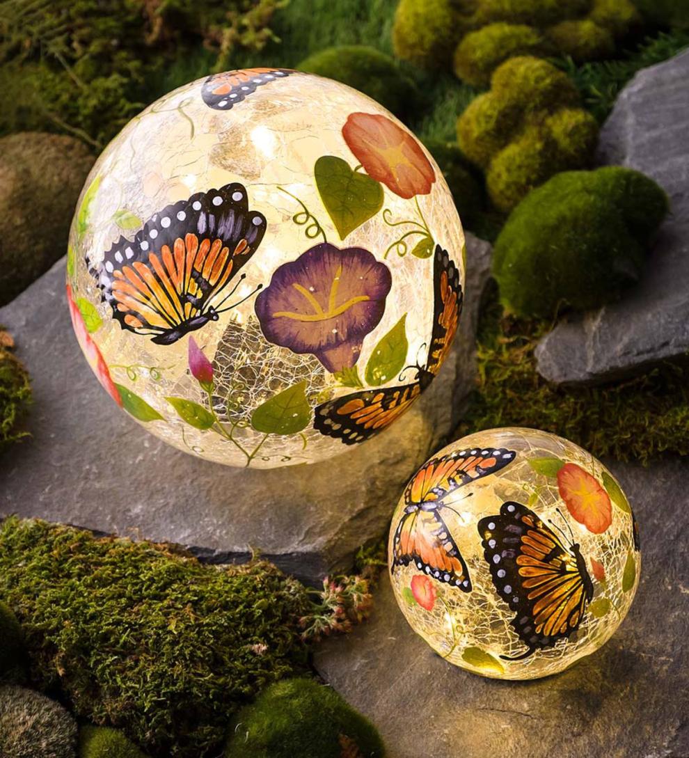 Plow & Hearth Garden Accents | Yard & Garden Butterfly Crackle Glass Solar Globes, Set Of 2