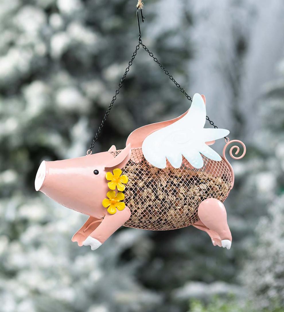 Plow & Hearth Garden Accents | Yard & Garden Flying Pig Mesh Bird Feeder With Hanging Chain
