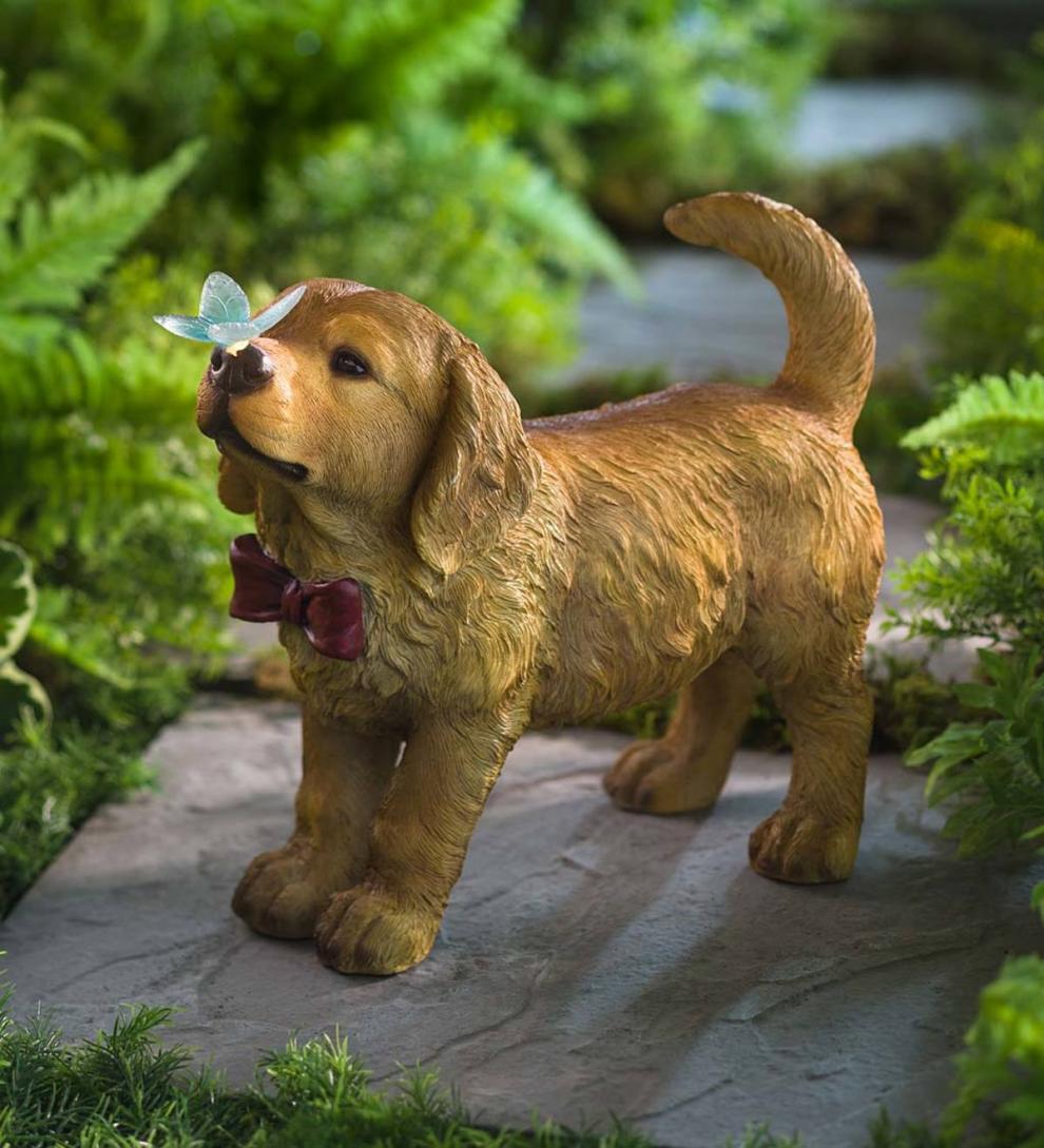 Plow & Hearth Garden Accents | Yard & Garden Golden Retriever Puppy With Solar Butterfly Garden Statue