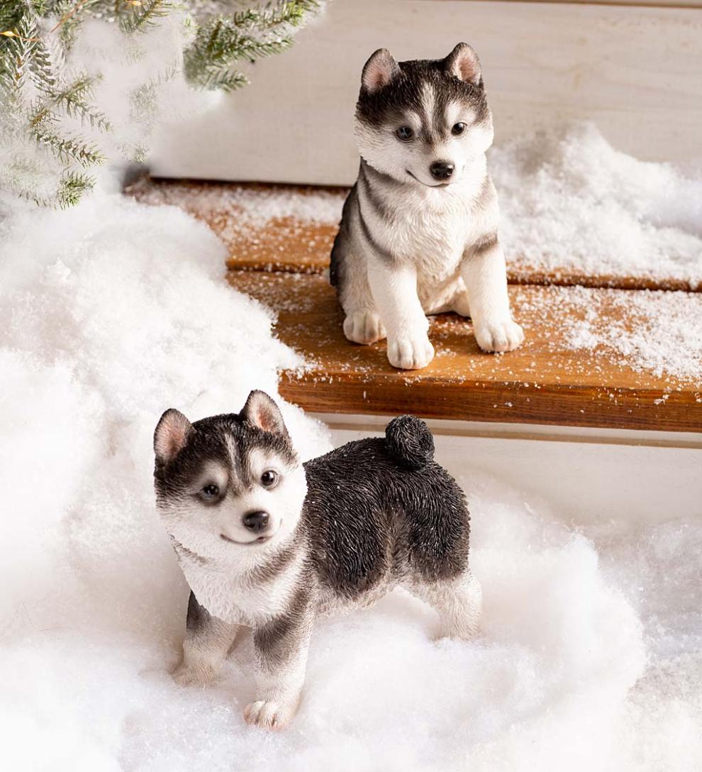 Plow & Hearth Garden Accents | Yard & Garden Lifelike Indoor/Outdoor Siberian Husky Puppy Statues, Set Of 2