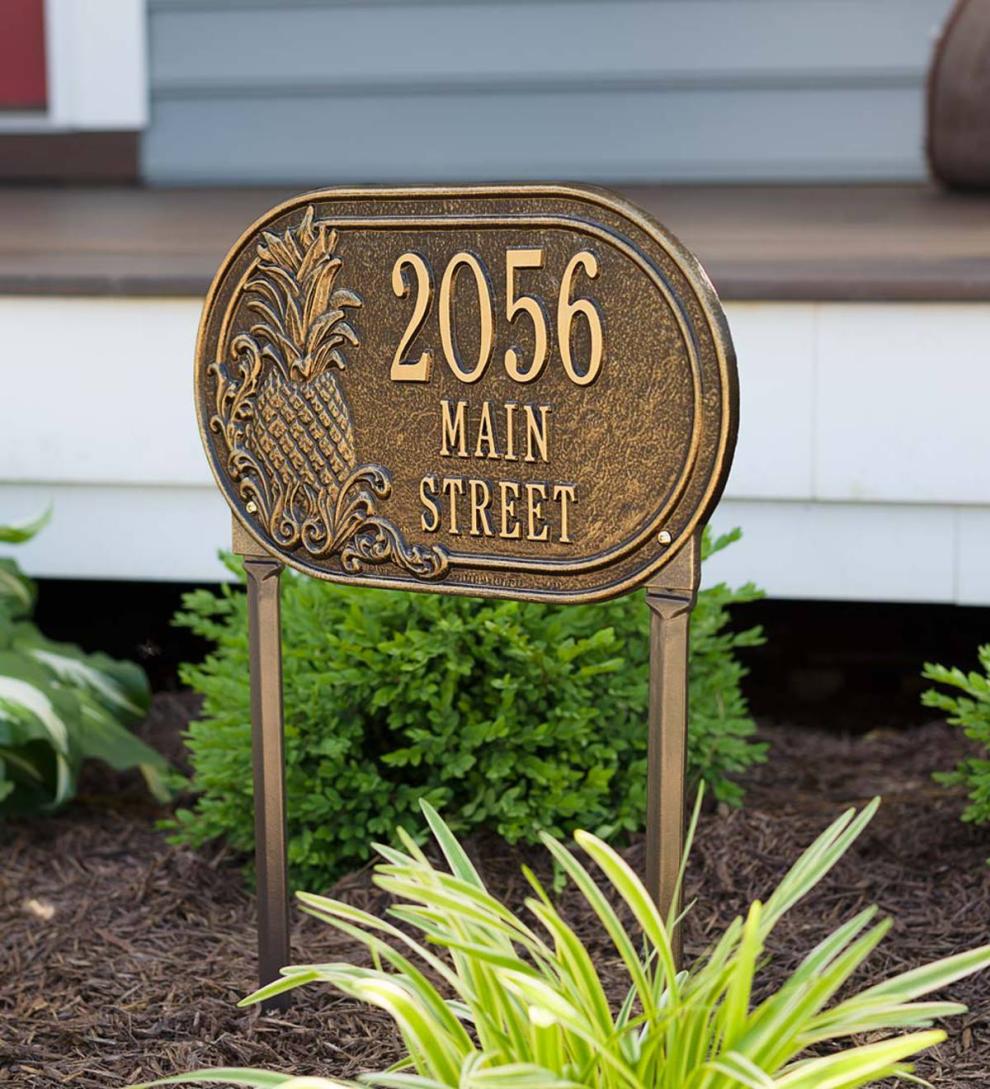 Plow & Hearth Garden Accents | Yard & Garden Personalized Pineapple Address Plaque Lawn Stake - Antique Brass