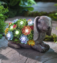 Plow & Hearth Garden Accents | Yard & Garden Solar Lighted Succulent Resin Animal Garden Statue - Bunny