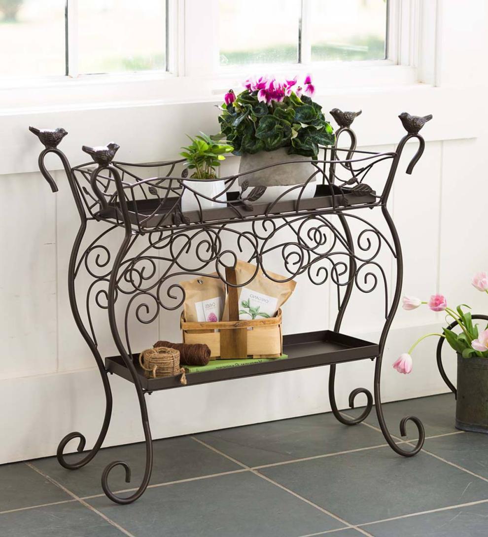 Plow & Hearth Garden Tools | Yard & Garden Two-Shelf Cast Iron Plant Stand With Birds