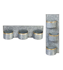 Plow & Hearth Home Accents | Indoor Living 3-Pot Galvanized Metal Wall Planter With Brass Rims, Set Of 2