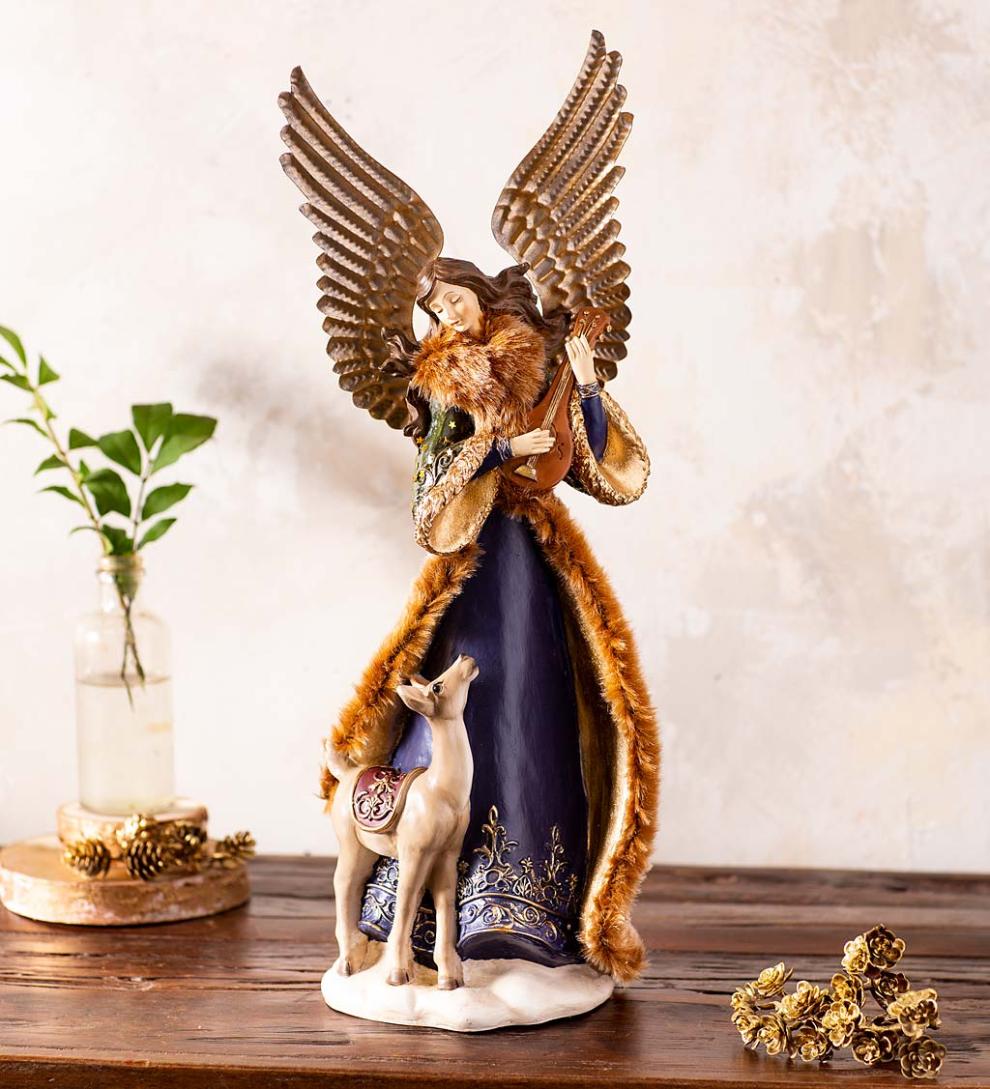 Plow & Hearth Home Accents | Indoor Living Angel In Long Green Faux-Fur Trimmed Coat With Deer