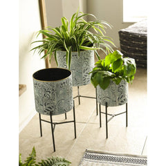 Plow & Hearth Home Accents | Indoor Living Embossed And Painted Metal Standing Planters, Set Of 3