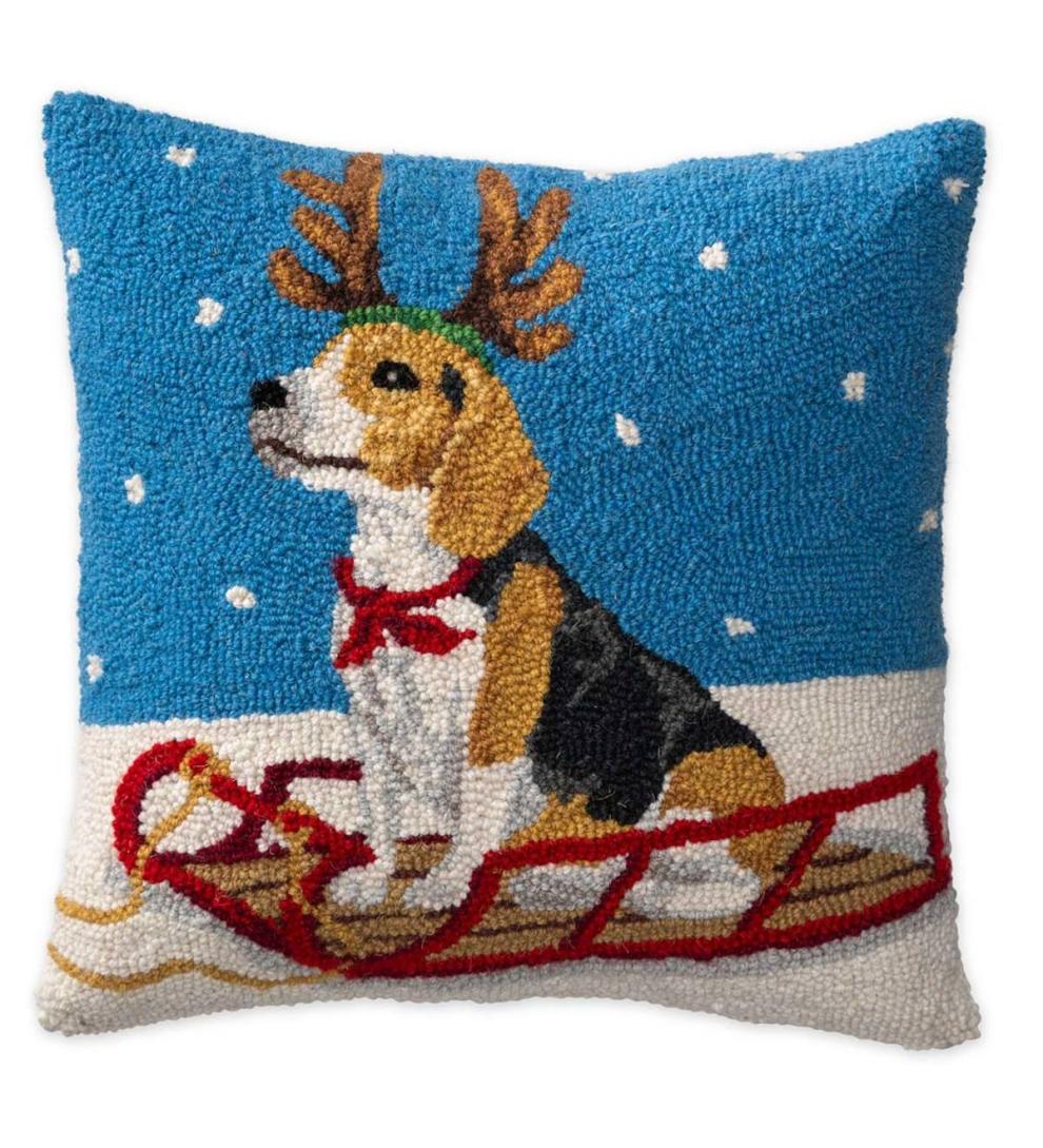 Plow & Hearth Home Accents | Indoor Living Hooked Wool Beagle On Sled Holiday Throw Pillow