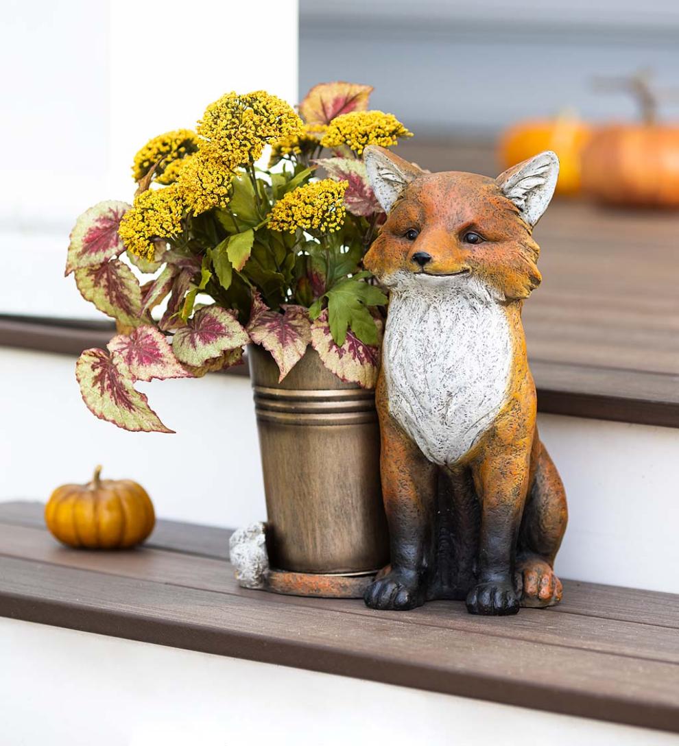 Plow & Hearth Home Accents | Indoor Living Indoor/Outdoor Faux Stone Fox Planter With Metal Container