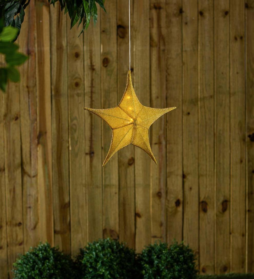 Plow & Hearth Home Accents | Indoor Living Lighted Hanging Fabric Star, Small Gold