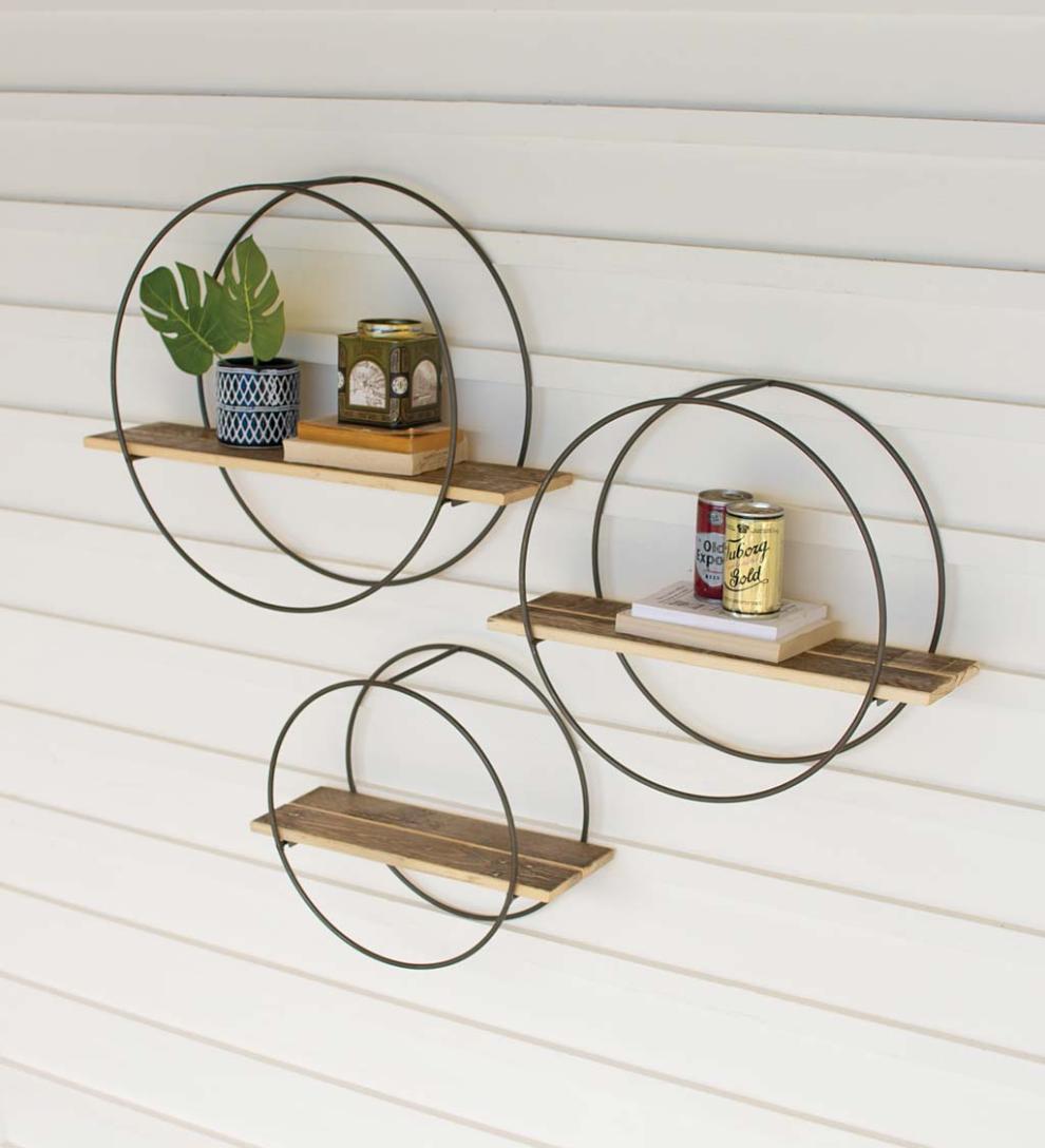 Plow & Hearth Home Accents | Indoor Living Recycled Wooden Shelves With Round Metal Frames, Set Of 3
