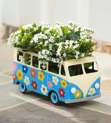 Plow & Hearth Home Accents | Indoor Living Vintage Style Flower Power Miniature Bus Garden Planter - Blue