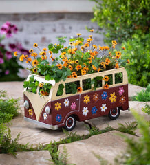 Plow & Hearth Home Accents | Indoor Living Vintage Style Flower Power Miniature Bus Garden Planter - Blue