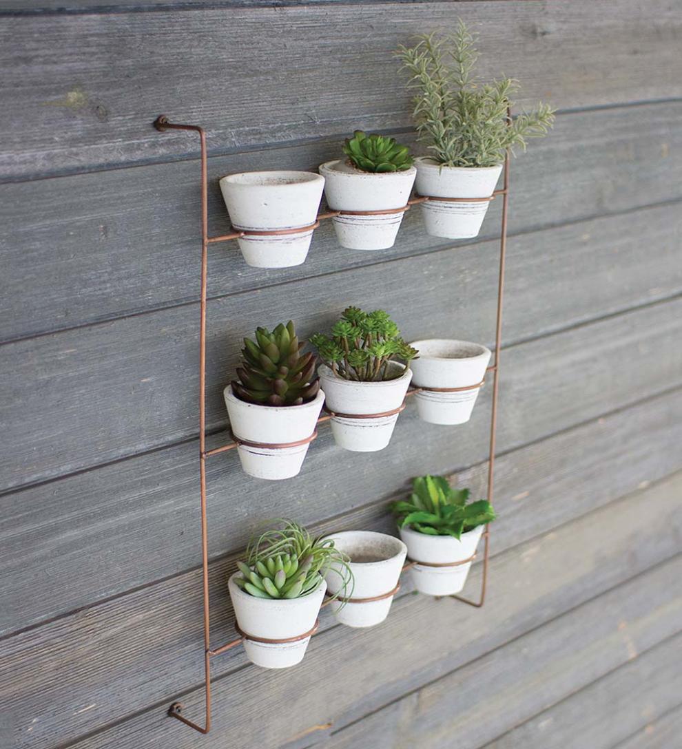 Plow & Hearth Home Accents | Indoor Living Wall-Mount Copper-Finish Wall Rack With 9 Whitewash Clay Pots