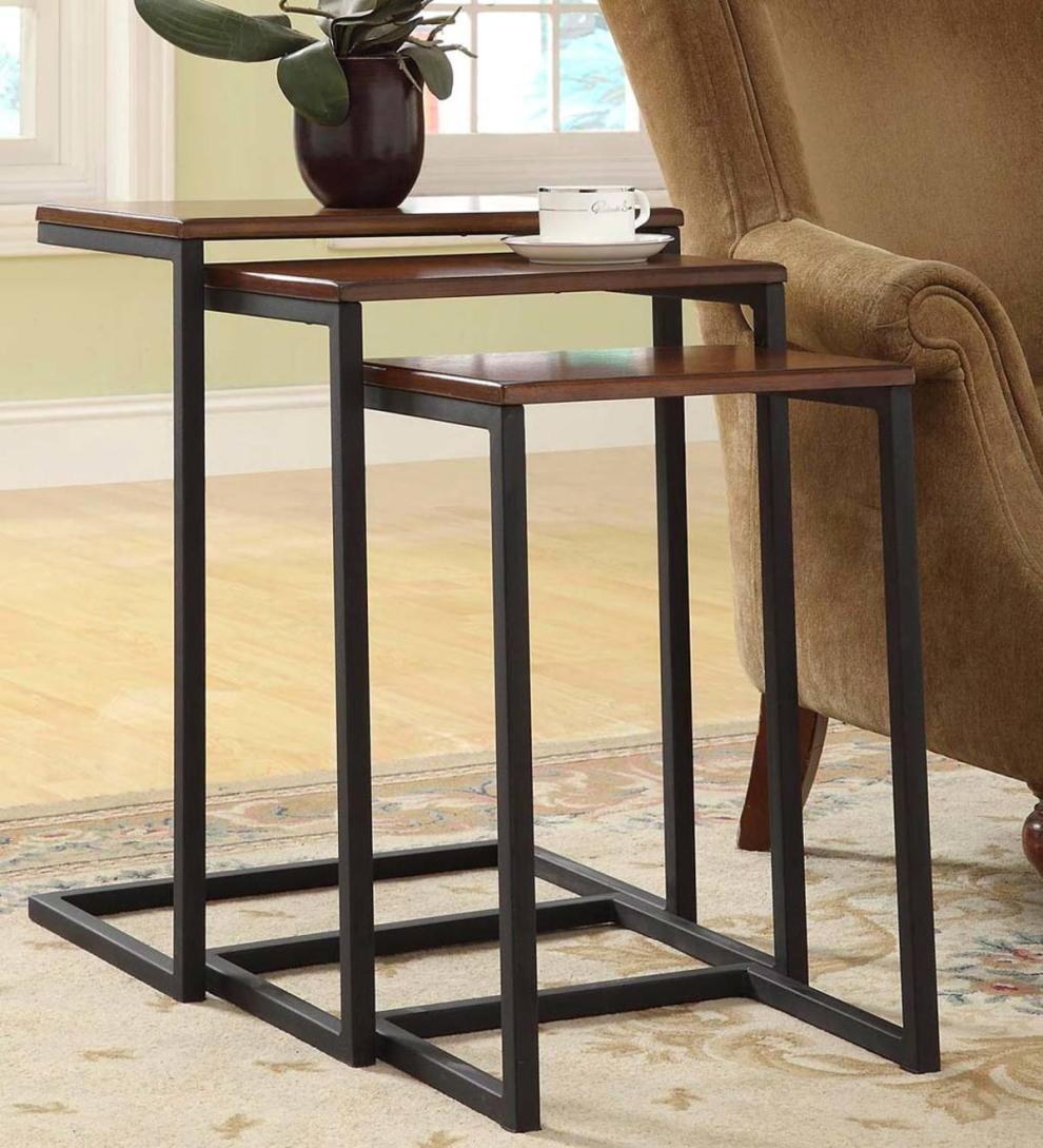 Plow & Hearth Home Office | Indoor Living 3-Piece Industrial Style Rectangular Metal And Wood Nesting Tables - Chestnut
