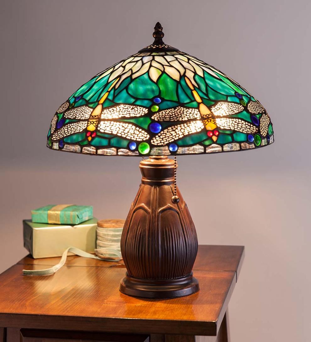 Plow & Hearth Home Office | Indoor Living Allendale Dragonfly Tiffany Stained Glass Table Lamp