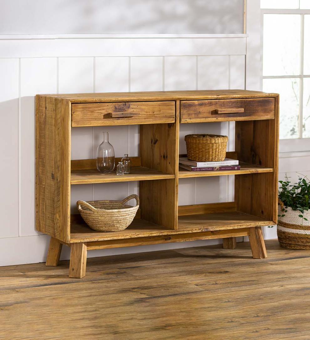 Plow & Hearth Home Office | Indoor Living Rowan Ridge Reclaimed Pine Wood Console Table With Shelves And Drawers