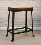 Plow & Hearth Kitchen & Bar Stools | Indoor Living Wood And Metal Saddle Seat Stool - Chestnut