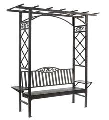 Plow & Hearth Metal Furniture | Outdoor Living Cast Aluminum Arbor Bench Pergola With Side Tables - Black