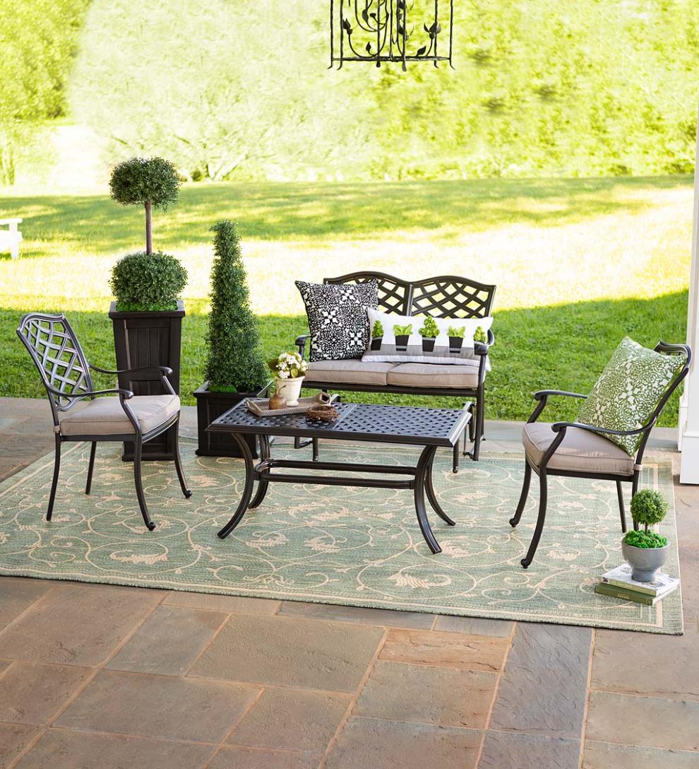 Plow & Hearth Metal Furniture | Outdoor Living Park Grove Cast Aluminum Outdoor 4-Piece Seating Set With Cushions