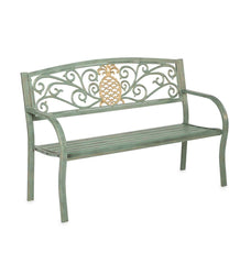 Plow & Hearth Metal Furniture | Outdoor Living Pineapple Metal Garden Bench - Verdigris