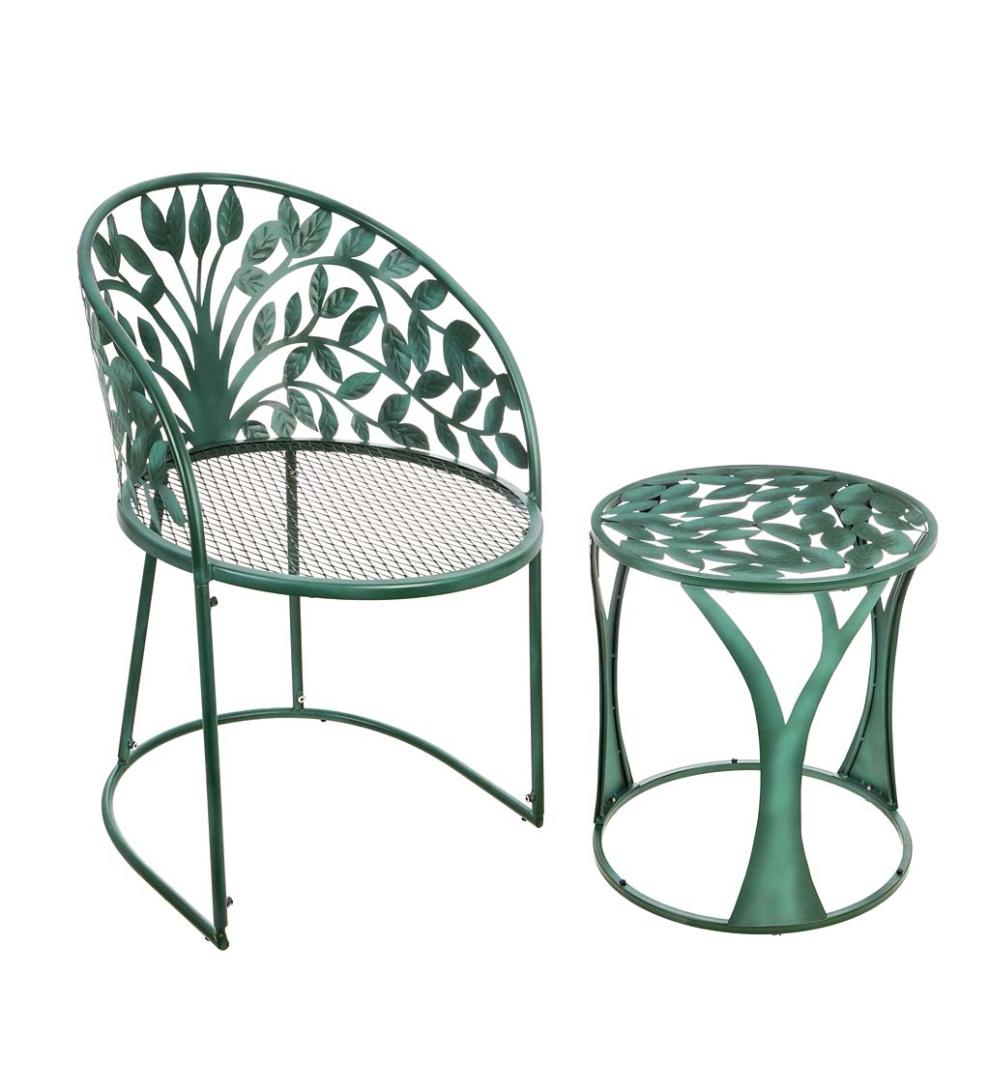 Plow & Hearth Metal Furniture | Outdoor Living Tree Of Life Metal Garden Chair With Side Table, 2-Piece Set