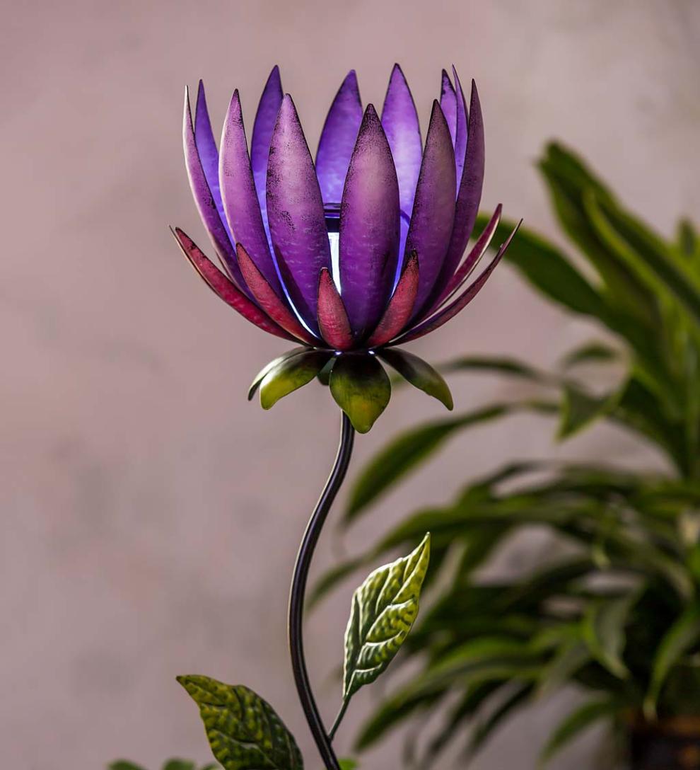 Plow & Hearth Outdoor Lamps & Lighting | Outdoor Living Purple Solar Lotus Flower Garden Stake