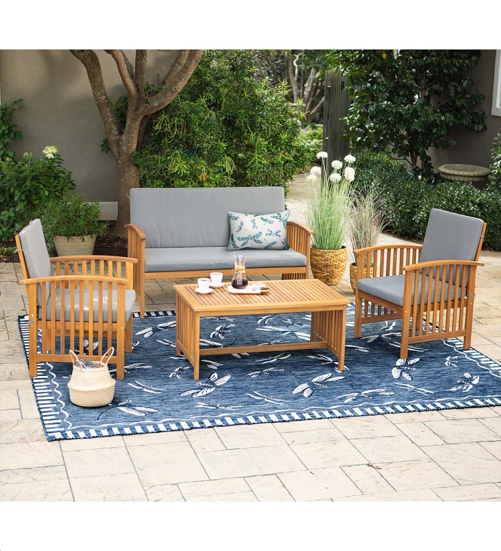 Plow & Hearth Outdoor Seating Sets | Outdoor Living Mission Style Acadia Wood Outdoor Seating Set With Cushions - Natural