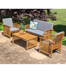 Plow & Hearth Outdoor Seating Sets | Outdoor Living Mission Style Acadia Wood Outdoor Seating Set With Cushions - Natural