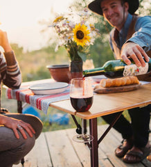 Plow & Hearth Outdoor Side Tables | Outdoor Living Bamboo Adjustable Height Folding Camp Table With Wine Glass Holders - Bamboo/Bronze