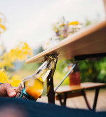 Plow & Hearth Outdoor Side Tables | Outdoor Living Bamboo Adjustable Height Folding Camp Table With Wine Glass Holders - Bamboo/Bronze
