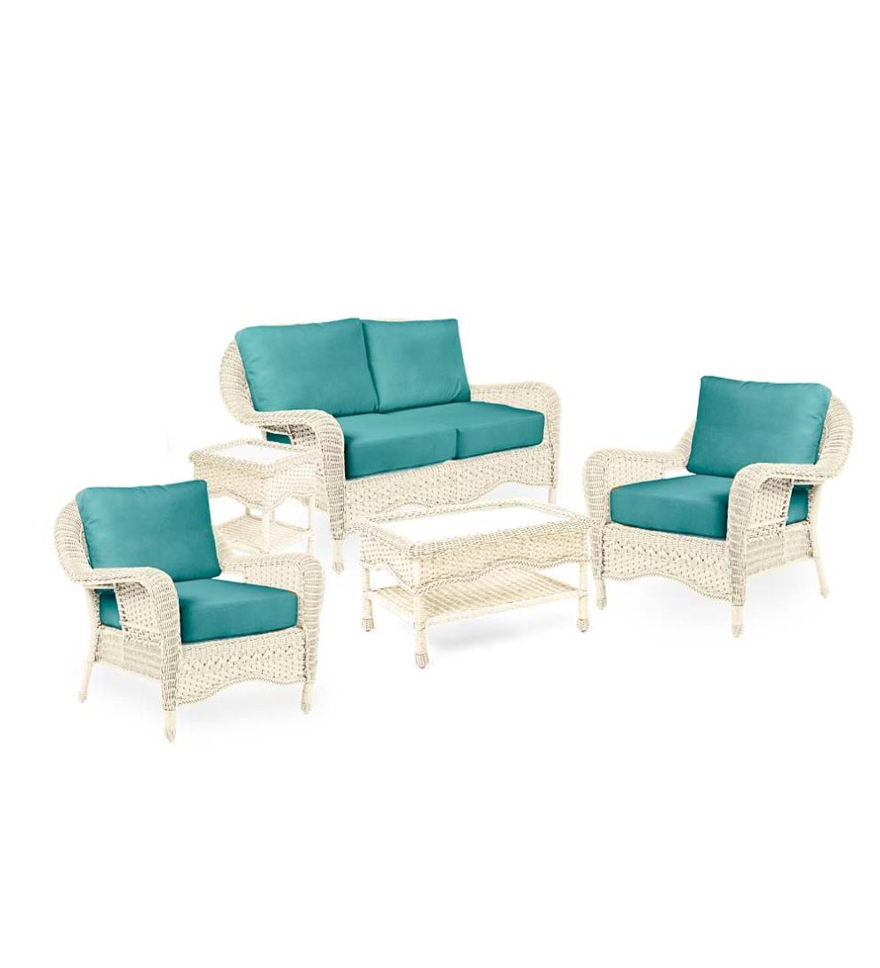 Plow & Hearth Outdoor Wicker | Outdoor Living Prospect Hill Outdoor Wicker Deep Seating Love Seat Set With Cushions - Cloud White With Midnight Navy Cushions