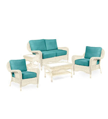 Plow & Hearth Outdoor Wicker | Outdoor Living Prospect Hill Outdoor Wicker Deep Seating Love Seat Set With Cushions - Cloud White With Midnight Navy Cushions