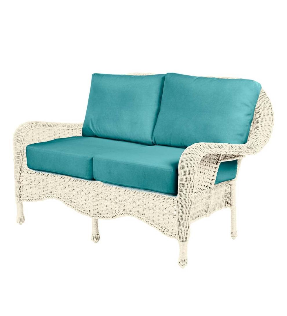 Plow & Hearth Outdoor Wicker | Outdoor Living Prospect Hill Outdoor Wicker Deep Seating Love Seat With Cushions - Cloud White With Midnight Navy Cushions
