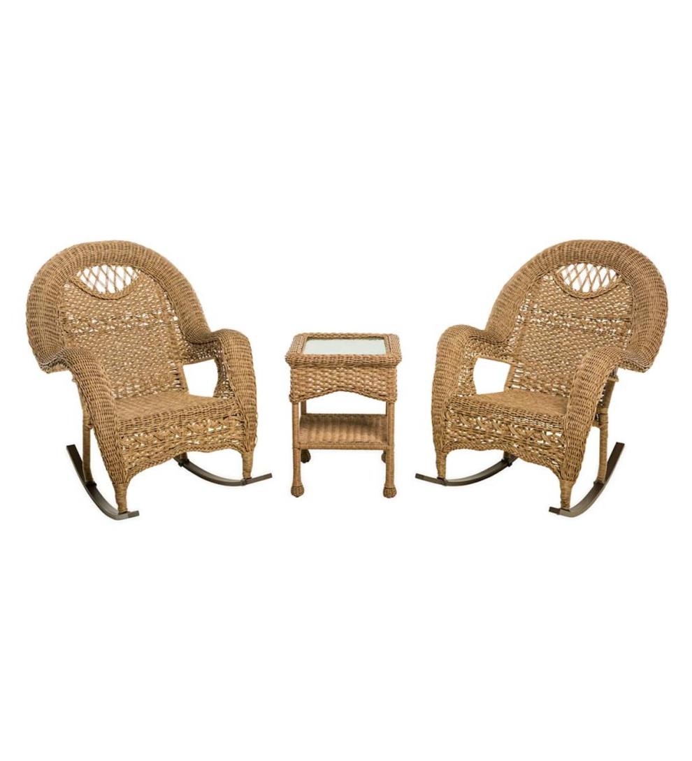 Plow & Hearth Outdoor Wicker | Outdoor Living Prospect Hill Wicker Set Of Two Rocking Chairs And End Table - Driftwood