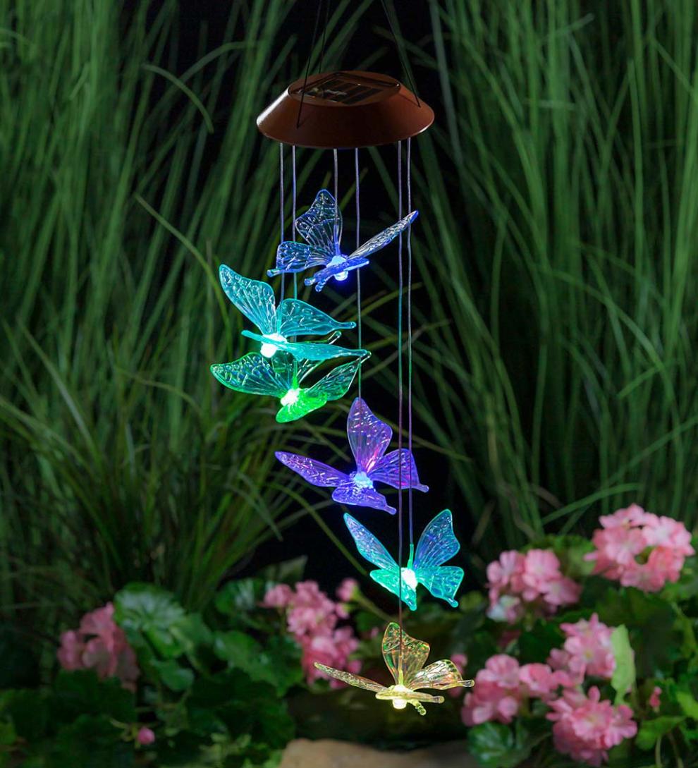 Plow & Hearth Wind Chimes & Mobiles | Outdoor Living Color Changing Solar Mobile With Iridescent Butterflies
