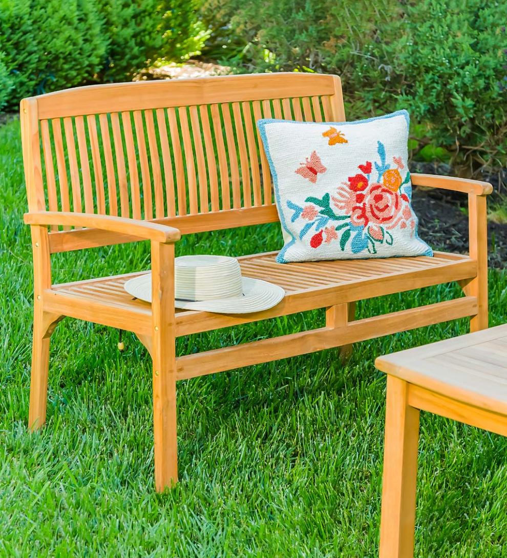 Plow & Hearth Wood Furniture | Outdoor Living Teak Bench With Arm Rests