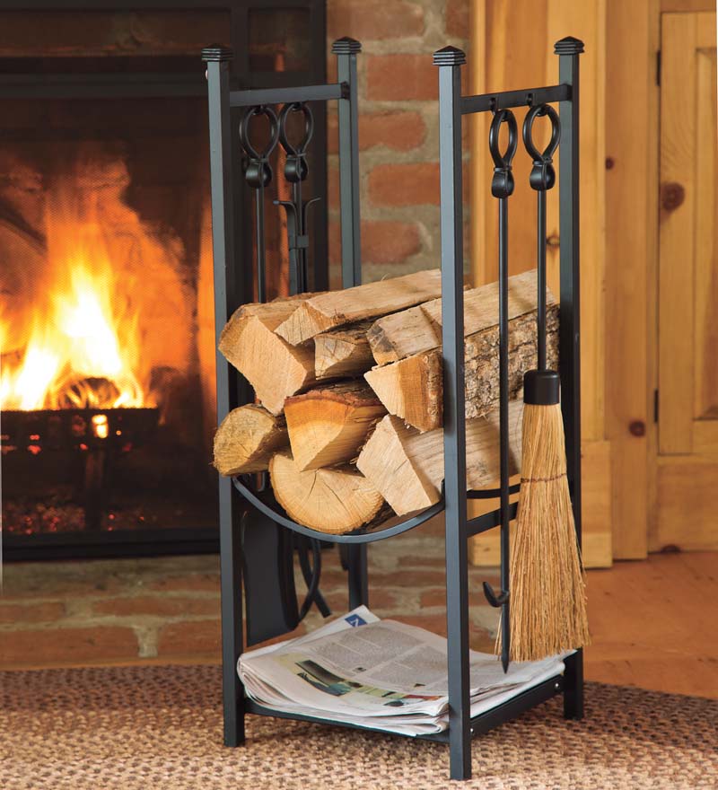 Plow & Hearth Wood Storage & Wood Racks | Fireplace & Hearth Wood Rack With Fireplace Tools - Black