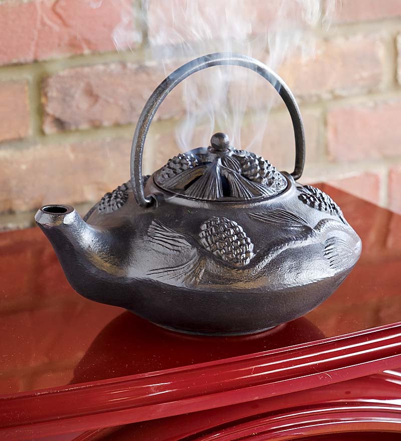 Plow & Hearth Wood Stove Accessories | Fireplace & Hearth Cast Iron Wood Stove Kettle Steamer With Pine Cone Design - Black