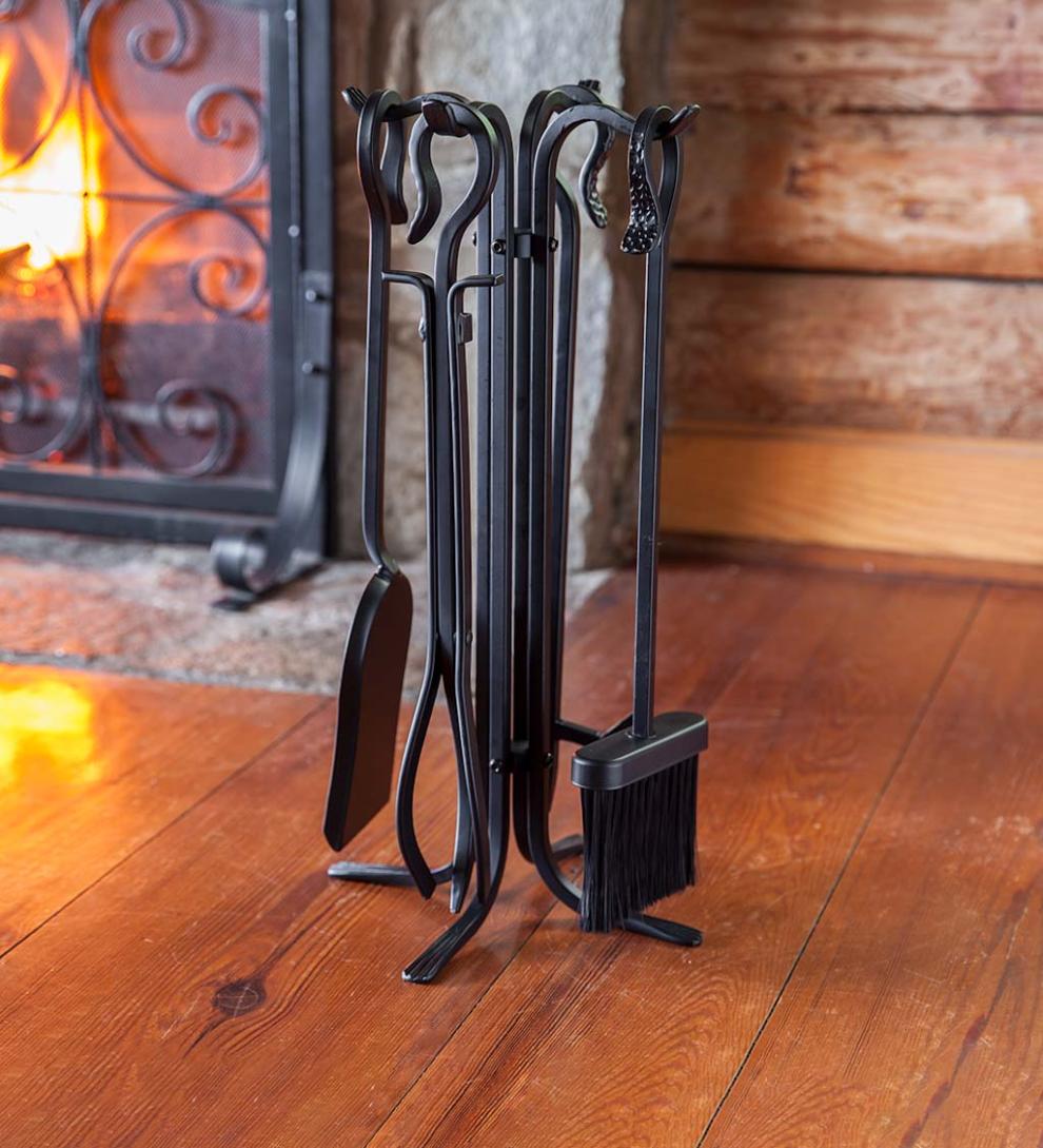 Plow & Hearth Wood Stove Accessories | Fireplace & Hearth Compact Size Hand-Forged Fireplace Tool Set - Black