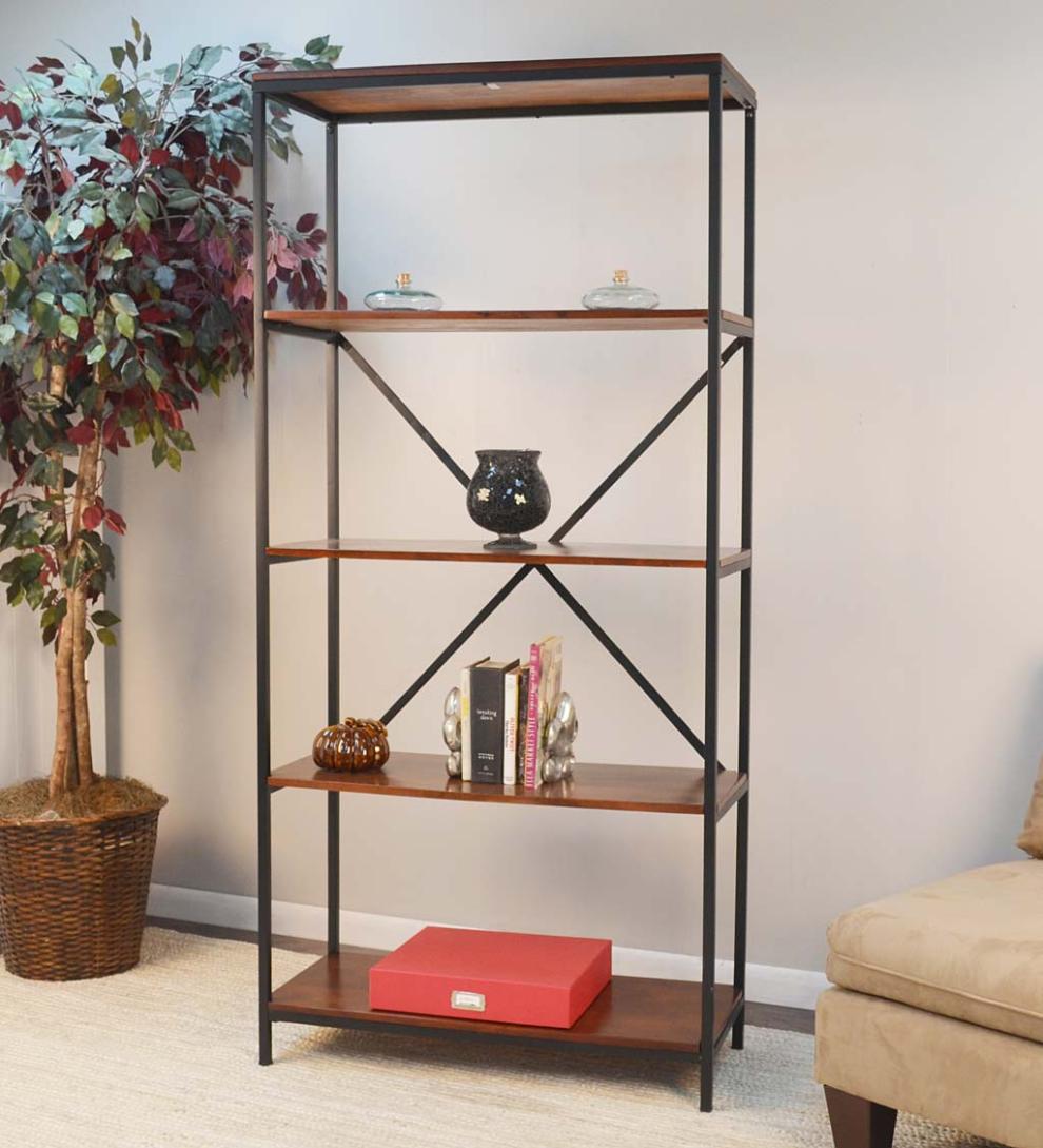 Plow & Hearth Home Office | Indoor Living 72"-High Five-Shelf Wood And Metal Bookcase - Chestnut