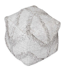 Plow & Hearth Home Accents | Indoor Living Zigzag Fringe Wool Pouf, 18" Sq. - Gray