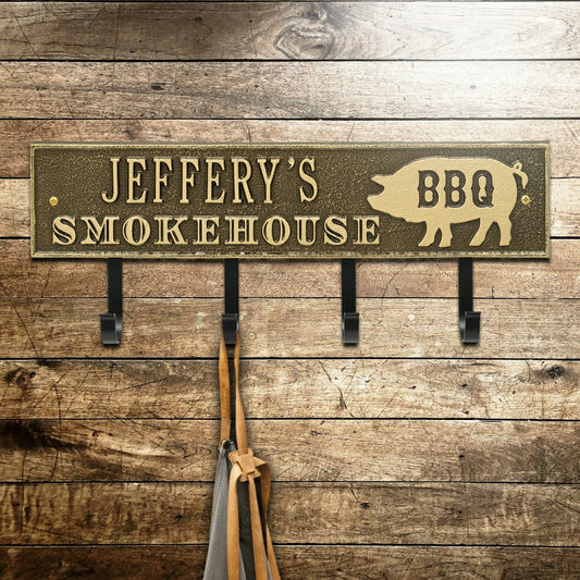 Smokehouse BBQ Rectangle Hook Plaque, Antique Brass