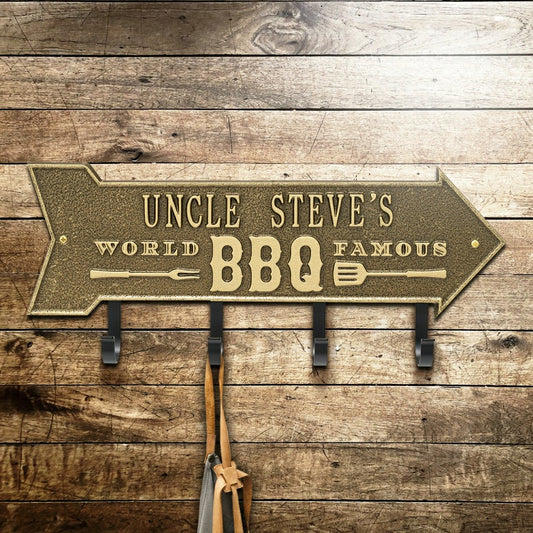 World Famous BBQ Arrow Hook Plaque, Antique Brass