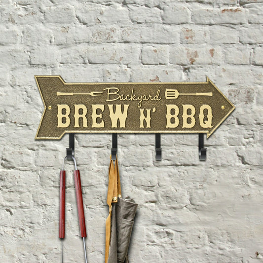 Backyard Brew N' BBQ Arrow Hook Plaque, Antique Brass