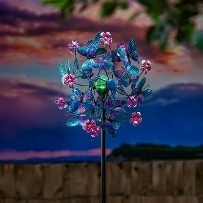 Blue Butterfly & Flowers Solar Metal Wind Spinner, 74" H